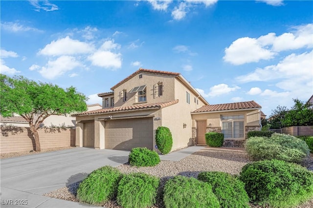 7183 Majestic Bluff Pl, Las Vegas, NV 89113 - mediterranean / spanish-style home with stucco siding, a tiled roof, driveway, stone siding, and fence