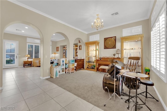 7183 Majestic Bluff Pl, Las Vegas, NV 89113 - living area featuring tile patterned flooring, carpet floors, a chandelier, healthy amount of natural light, and ornamental molding