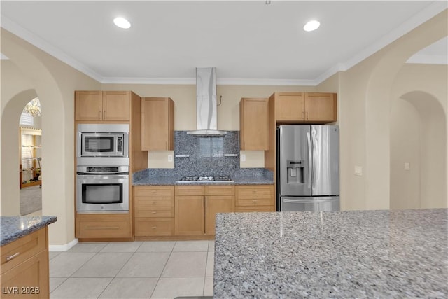 7183 Majestic Bluff Pl, Las Vegas, NV 89113 - kitchen with stainless steel appliances, island exhaust hood, arched walkways, crown molding, and backsplash