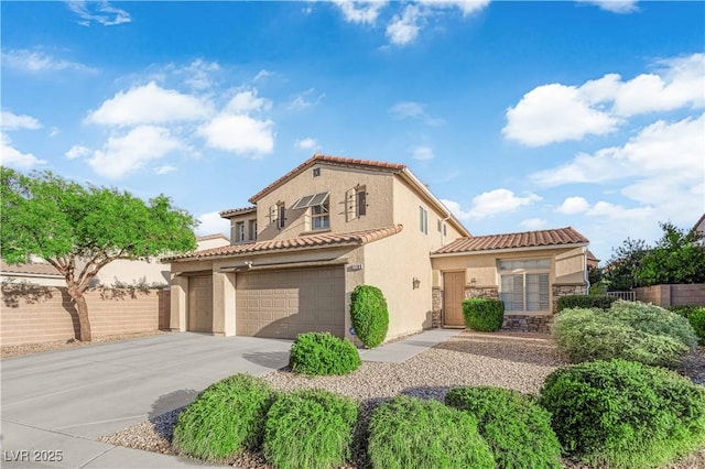 7183 Majestic Bluff Pl, Las Vegas, NV 89113 - mediterranean / spanish-style house with stucco siding, a tile roof, concrete driveway, stone siding, and a garage