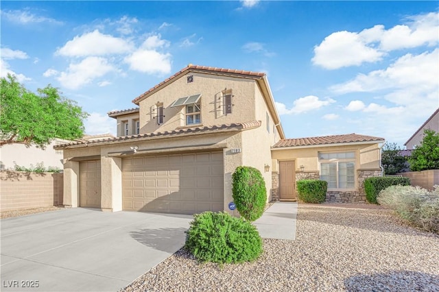 7183 Majestic Bluff Pl, Las Vegas, NV 89113 - mediterranean / spanish home with a tiled roof, stucco siding, driveway, stone siding, and an attached garage