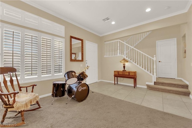 7183 Majestic Bluff Pl, Las Vegas, NV 89113 - living area featuring stairs, light colored carpet, crown molding, light tile patterned floors, and baseboards
