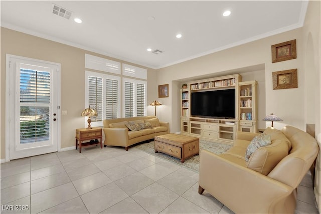 7183 Majestic Bluff Pl, Las Vegas, NV 89113 - living room with ornamental molding, light tile patterned flooring, recessed lighting, and baseboards