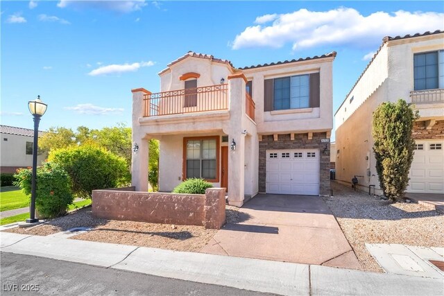 9753 Villa Lorena Ave, Las Vegas, NV 89147 - mediterranean / spanish-style house with a balcony, stucco siding, a garage, a tiled roof, and driveway
