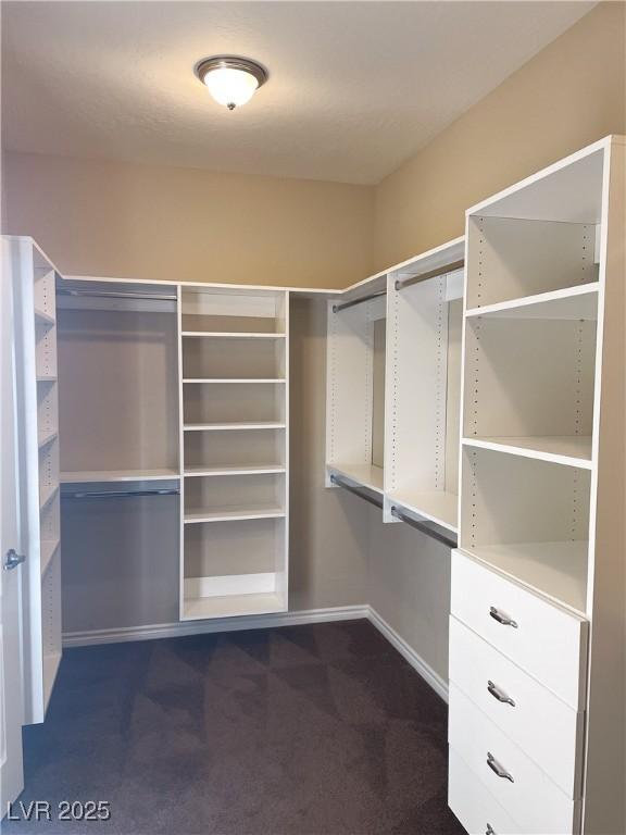 spacious closet featuring dark carpet