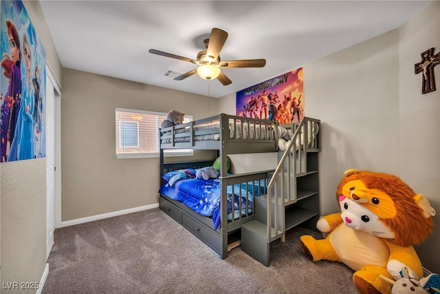 bedroom featuring carpet floors, baseboards, and a ceiling fan