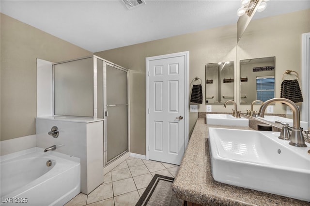 full bathroom featuring a garden tub, a stall shower, and double vanity