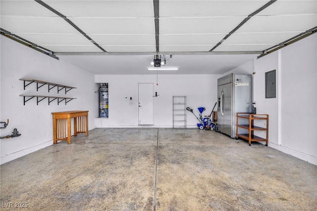 garage featuring water heater, stainless steel refrigerator with ice dispenser, electric panel, and a garage door opener
