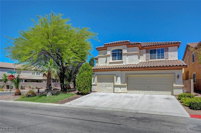 11444 Steponia Bay St, Las Vegas, NV 89141 - mediterranean / spanish home featuring stucco siding, an attached garage, concrete driveway, fence, and a tiled roof