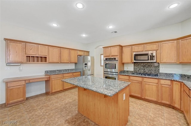 11444 Steponia Bay St, Las Vegas, NV 89141 - kitchen with appliances with stainless steel finishes, a kitchen island, open shelves, stone counters, and recessed lighting