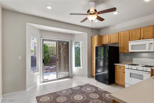 kitchen with white appliances, ceiling fan, baseboards, light countertops, and recessed lighting