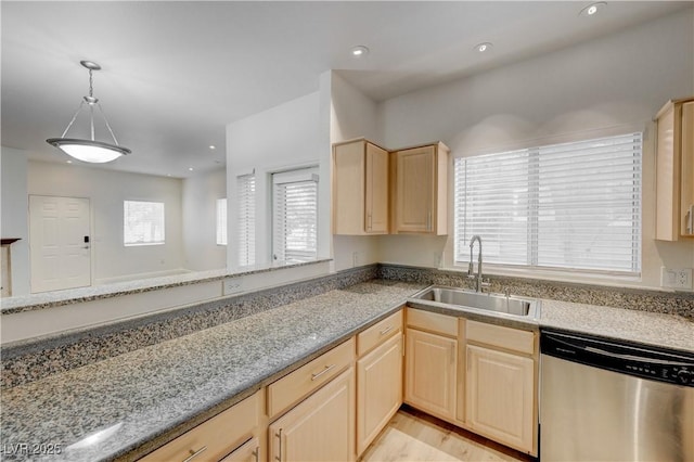 5250 S Rainbow Blvd Unit 2183, Las Vegas, NV 89118 - kitchen featuring dishwasher, light brown cabinetry, a sink, recessed lighting, and hanging light fixtures