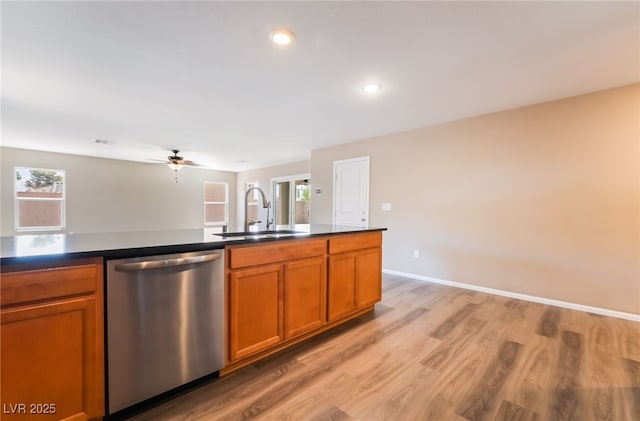 3855 Park Field Dr, Las Vegas, NV 89120 - kitchen with dishwasher, a sink, dark countertops, a ceiling fan, and recessed lighting