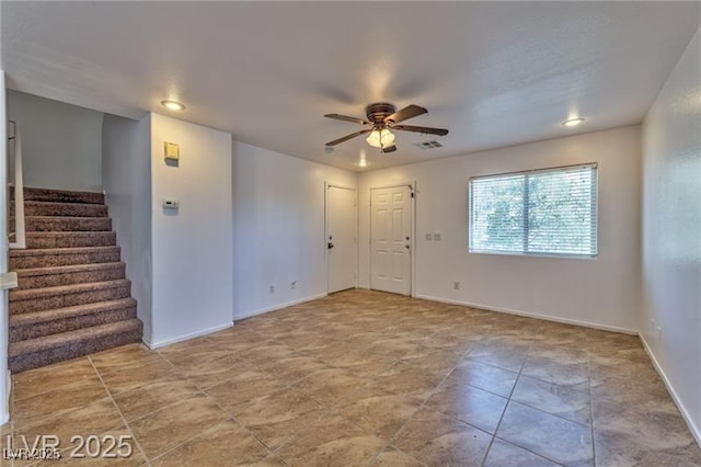 9979 Keephills St, Las Vegas, NV 89183 - tiled empty room featuring ceiling fan, stairs, recessed lighting, and baseboards