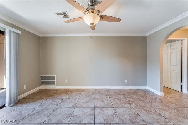 2700 N Rainbow Blvd Unit 1080, Las Vegas, NV 89108 - empty room with crown molding, a ceiling fan, arched walkways, light tile patterned flooring, and baseboards