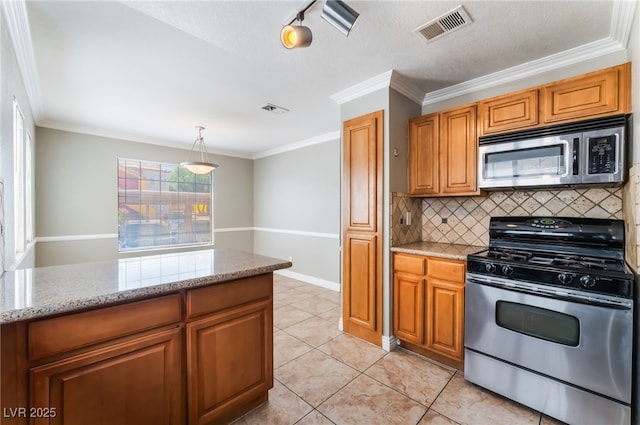 2700 N Rainbow Blvd Unit 1080, Las Vegas, NV 89108 - kitchen with stainless steel appliances, decorative backsplash, light stone countertops, brown cabinets, and crown molding