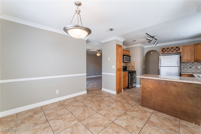 2700 N Rainbow Blvd Unit 1080, Las Vegas, NV 89108 - kitchen featuring stainless steel appliances, tasteful backsplash, ornamental molding, a ceiling fan, and light tile patterned floors