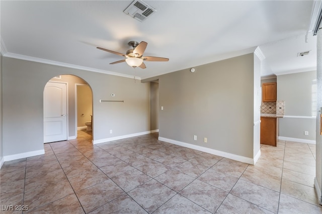 2700 N Rainbow Blvd Unit 1080, Las Vegas, NV 89108 - empty room with a ceiling fan, arched walkways, ornamental molding, light tile patterned flooring, and baseboards