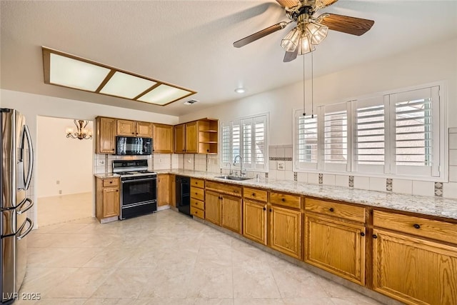 2520 Palmridge Dr, Las Vegas, NV 89134 - kitchen with black appliances, a sink, open shelves, brown cabinets, and decorative backsplash