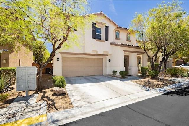 8717 Early Horizon Dr, Las Vegas, NV 89178 - mediterranean / spanish-style house featuring stucco siding, a garage, a tiled roof, driveway, and central AC unit