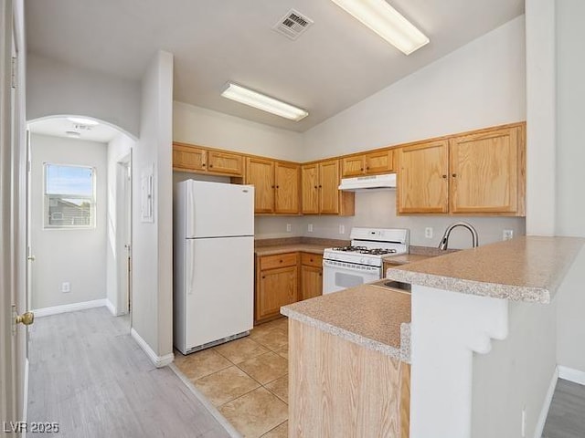 4830 Double Down Dr Unit 102, Las Vegas, NV 89122 - kitchen featuring white appliances, under cabinet range hood, arched walkways, a peninsula, and lofted ceiling