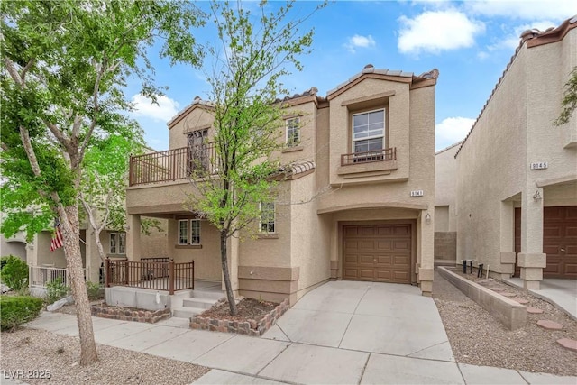 9141 Careful Canvas Ave, Las Vegas, NV 89149 - view of front of property with a balcony, stucco siding, a garage, a porch, and a tile roof