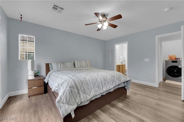 9141 Careful Canvas Ave, Las Vegas, NV 89149 - bedroom featuring baseboards, light wood-style floors, a ceiling fan, and connected bathroom