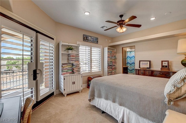 1182 Thomas Bay Cir, Logandale, NV 89021 - bedroom featuring light colored carpet, access to outside, recessed lighting, and ceiling fan