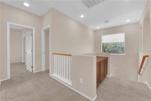 11237 Newbury Hills Ave, Las Vegas, NV 89138 - hall featuring an upstairs landing, light carpet, and recessed lighting