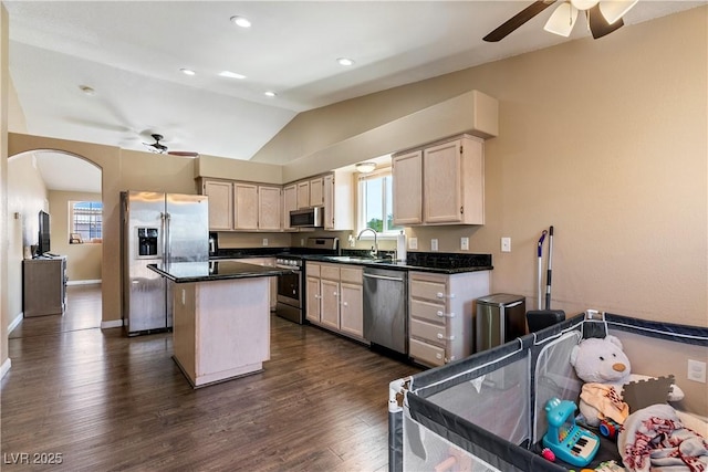 7553 Durham Hall Ave Unit 201, Las Vegas, NV 89130 - kitchen with stainless steel appliances, ceiling fan, a sink, a center island, and plenty of natural light