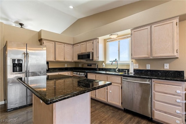 7553 Durham Hall Ave Unit 201, Las Vegas, NV 89130 - kitchen featuring appliances with stainless steel finishes, a sink, light brown cabinets, and lofted ceiling