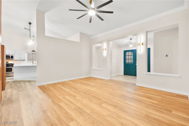 5009 Elm Grove Dr, Las Vegas, NV 89130 - unfurnished living room with a ceiling fan, ornamental molding, light wood-style floors, and baseboards