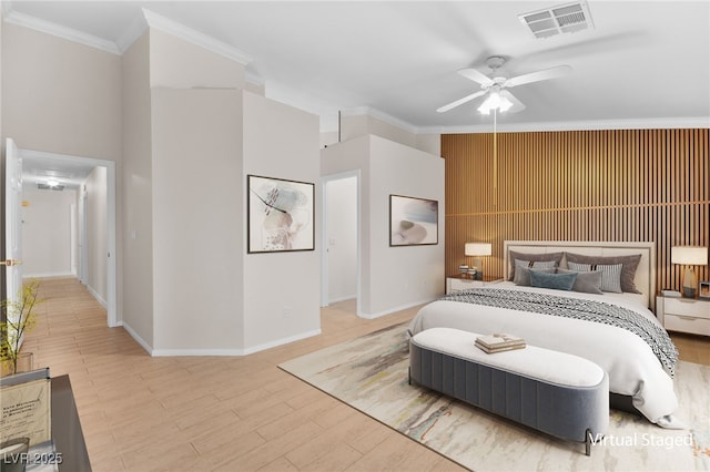 5009 Elm Grove Dr, Las Vegas, NV 89130 - bedroom with crown molding, baseboards, ceiling fan, wood finished floors, and a high ceiling