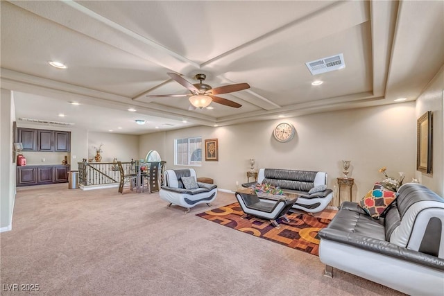 6453 Mount Eden Ave, Las Vegas, NV 89139 - living area featuring light colored carpet, a ceiling fan, recessed lighting, coffered ceiling, and baseboards