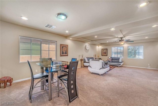 6453 Mount Eden Ave, Las Vegas, NV 89139 - dining area with light carpet, baseboards, recessed lighting, and ceiling fan