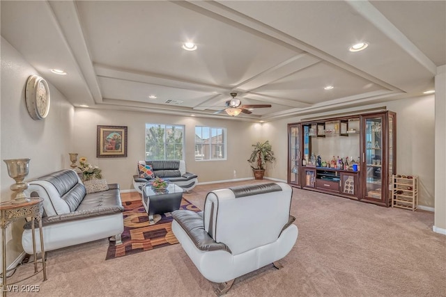6453 Mount Eden Ave, Las Vegas, NV 89139 - carpeted living room featuring a ceiling fan, baseboards, recessed lighting, coffered ceiling, and a bar