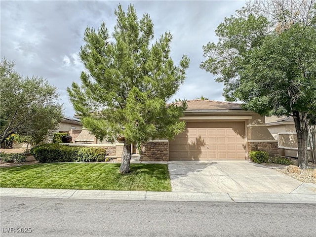 view of property hidden behind natural elements with stone siding, an attached garage, driveway, stucco siding, and a front lawn