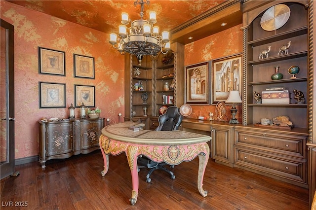 7625 Coley Ave, Las Vegas, NV 89117 - office with a chandelier, hardwood / wood-style flooring, wallpapered walls, and baseboards