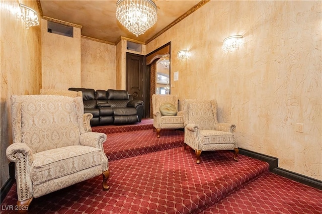 7625 Coley Ave, Las Vegas, NV 89117 - sitting room with carpet floors, a chandelier, crown molding, baseboards, and a textured wall