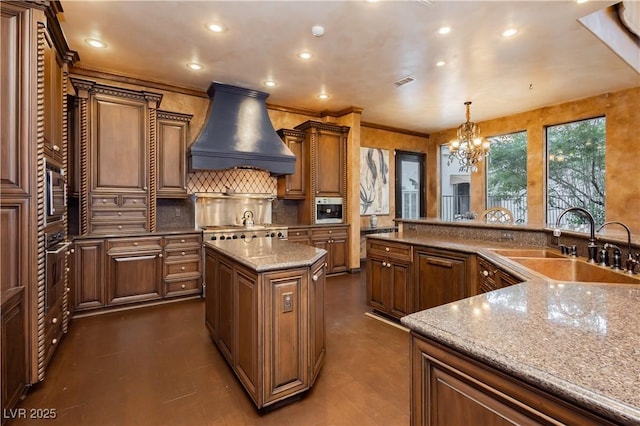 7625 Coley Ave, Las Vegas, NV 89117 - kitchen with custom exhaust hood, a sink, a kitchen island, a chandelier, and appliances with stainless steel finishes