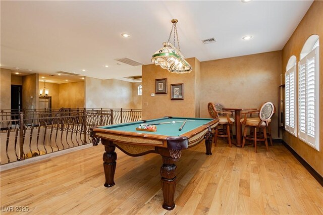 7625 Coley Ave, Las Vegas, NV 89117 - playroom with wood finished floors, a chandelier, recessed lighting, and billiards