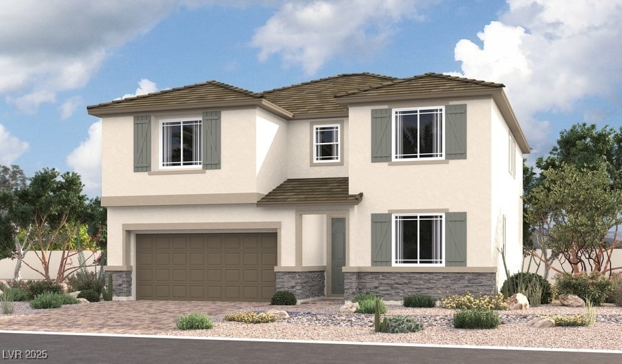 9804 Blazek Bluff Ave, Las Vegas, NV 89178 - view of front of home featuring stone siding, stucco siding, a garage, and driveway