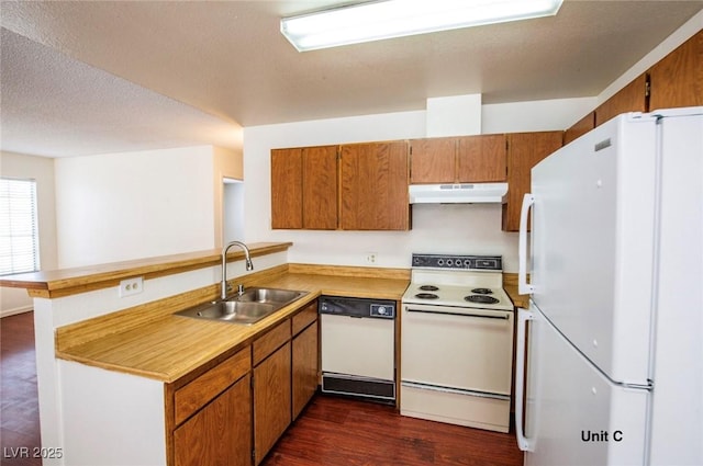 2755 Jennydiane Dr, Las Vegas, NV 89121 - kitchen with white appliances, under cabinet range hood, a sink, a peninsula, and dark wood finished floors