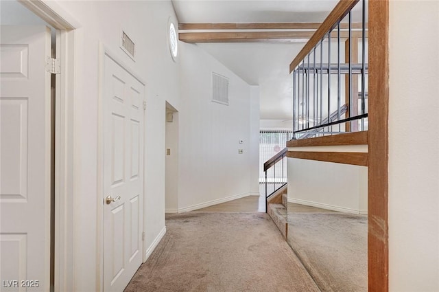532 Greenbriar Pl, Boulder City, NV 89005 - corridor with carpet, baseboards, beam ceiling, and stairway