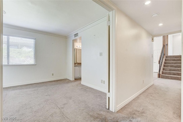 532 Greenbriar Pl, Boulder City, NV 89005 - empty room with carpet, ornamental molding, stairs, recessed lighting, and a smoke detector