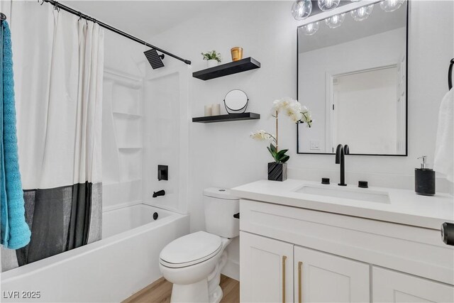 3109 Siena Cir, Las Vegas, NV 89128 - full bathroom featuring toilet, vanity, shower / tub combo with curtain, and wood finished floors
