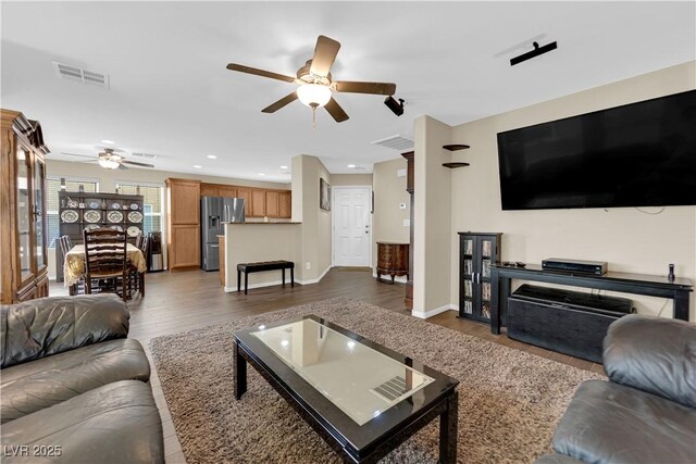 9082 Amanda Creek Ct, Las Vegas, NV 89149 - living area featuring ceiling fan, dark wood finished floors, baseboards, and recessed lighting