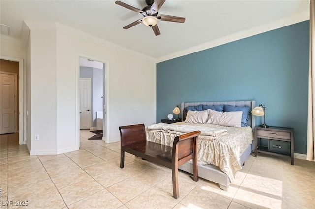 7404 Eggshell Dr, North Las Vegas, NV 89084 - bedroom featuring ornamental molding, baseboards, light tile patterned floors, and ceiling fan