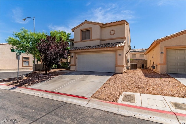 7912 Horn Beam Ct, Las Vegas, NV 89131 - view of front facade with a tiled roof, stucco siding, central AC, a garage, and concrete driveway