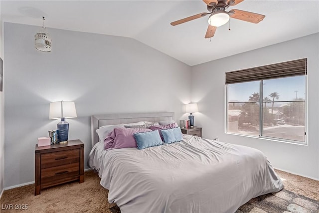 7912 Horn Beam Ct, Las Vegas, NV 89131 - carpeted bedroom featuring vaulted ceiling, baseboards, and a ceiling fan